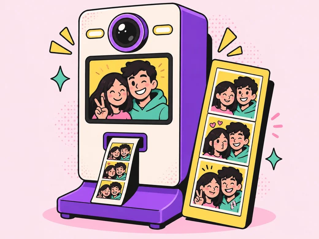 Ilustrasi booth fisik berwarna ungu dengan kamera, layar, dan hasil cetak photostrip