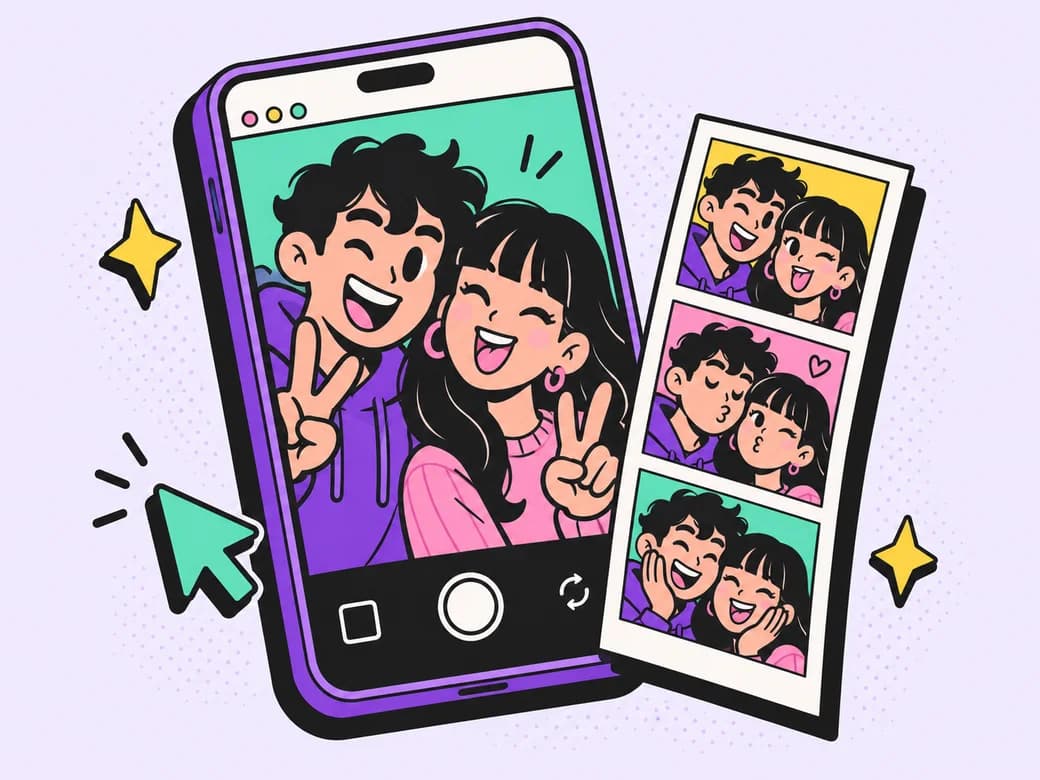 Ilustrasi photobooth web di HP dengan pasangan berpose dan hasil photostrip