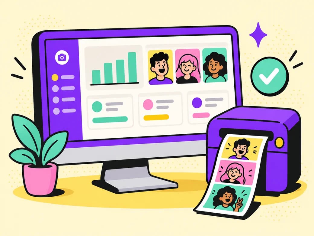 Ilustrasi software pengelolaan photobooth di monitor dengan printer foto